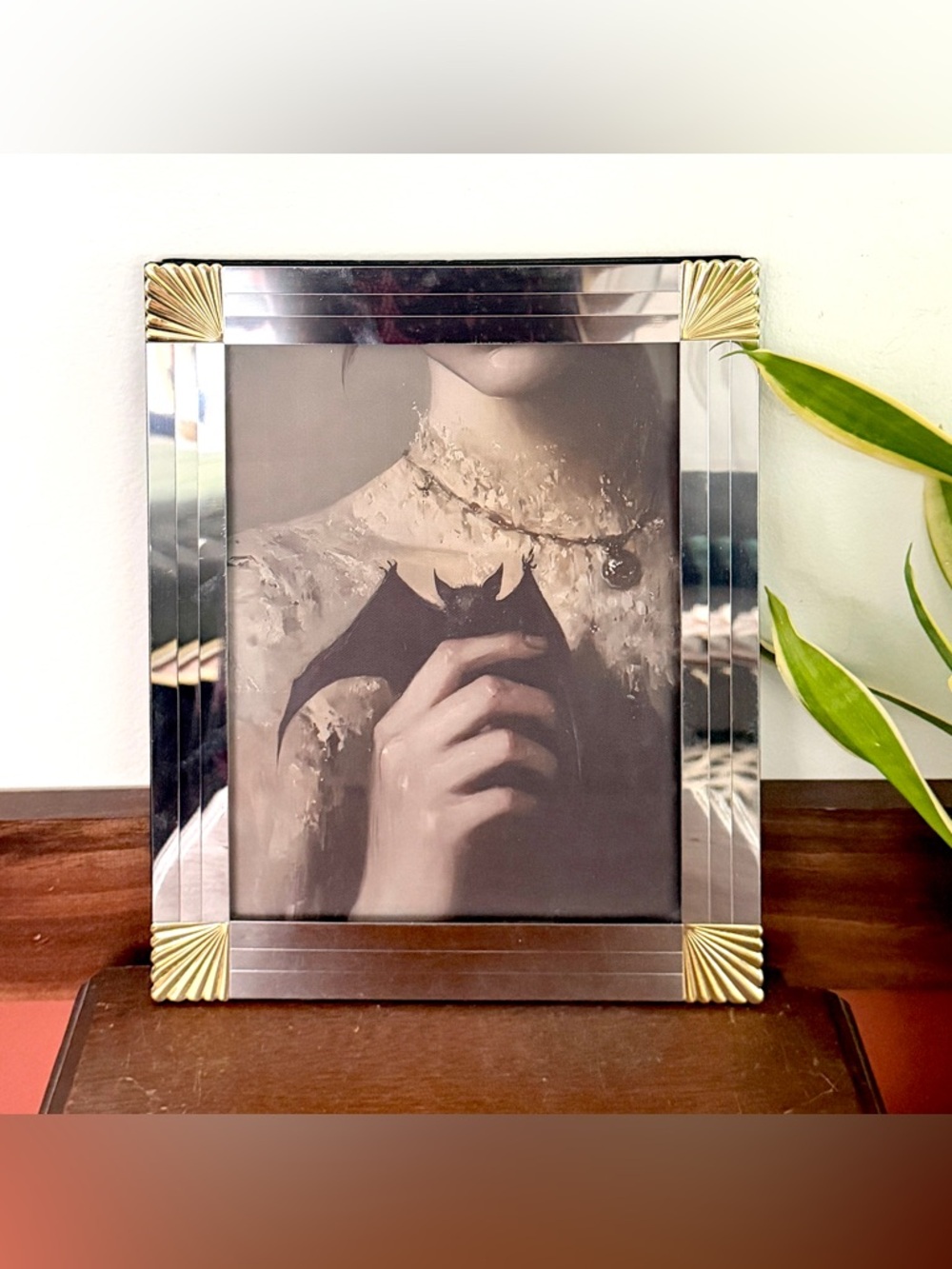 Victorian Woman with Baby Bat Vintage Mirrored Framed Canvas Print Goth Wall Art